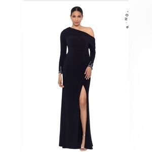 Betsy & Adam One-Shoulder Beaded Gown Black Long Sleeve Ruched Slit Dress 2P NWT